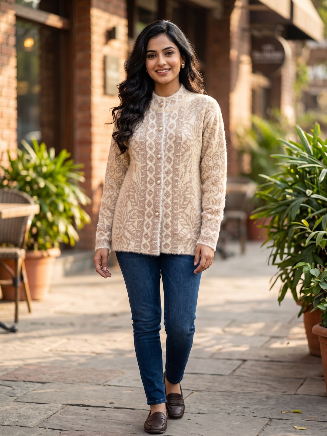 Peachmode Beige Braided Jacquard Pearl Woolen Cardigan - Image 1