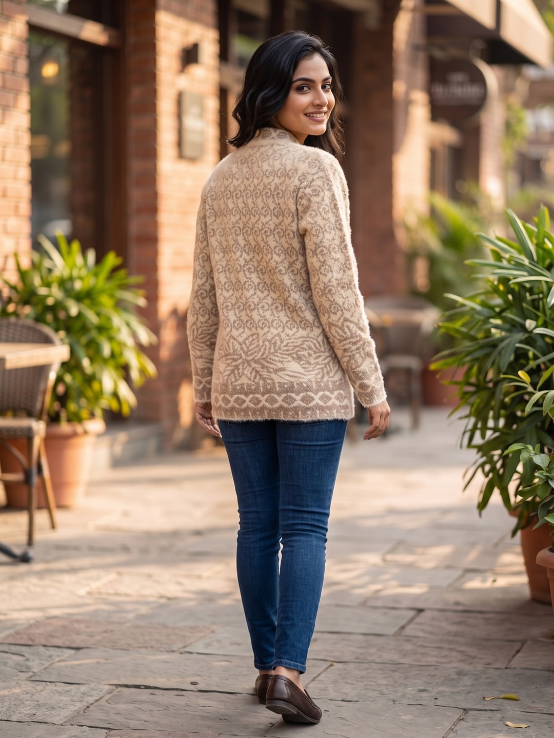 Peachmode Beige Braided Jacquard Pearl Woolen Cardigan - Image 2