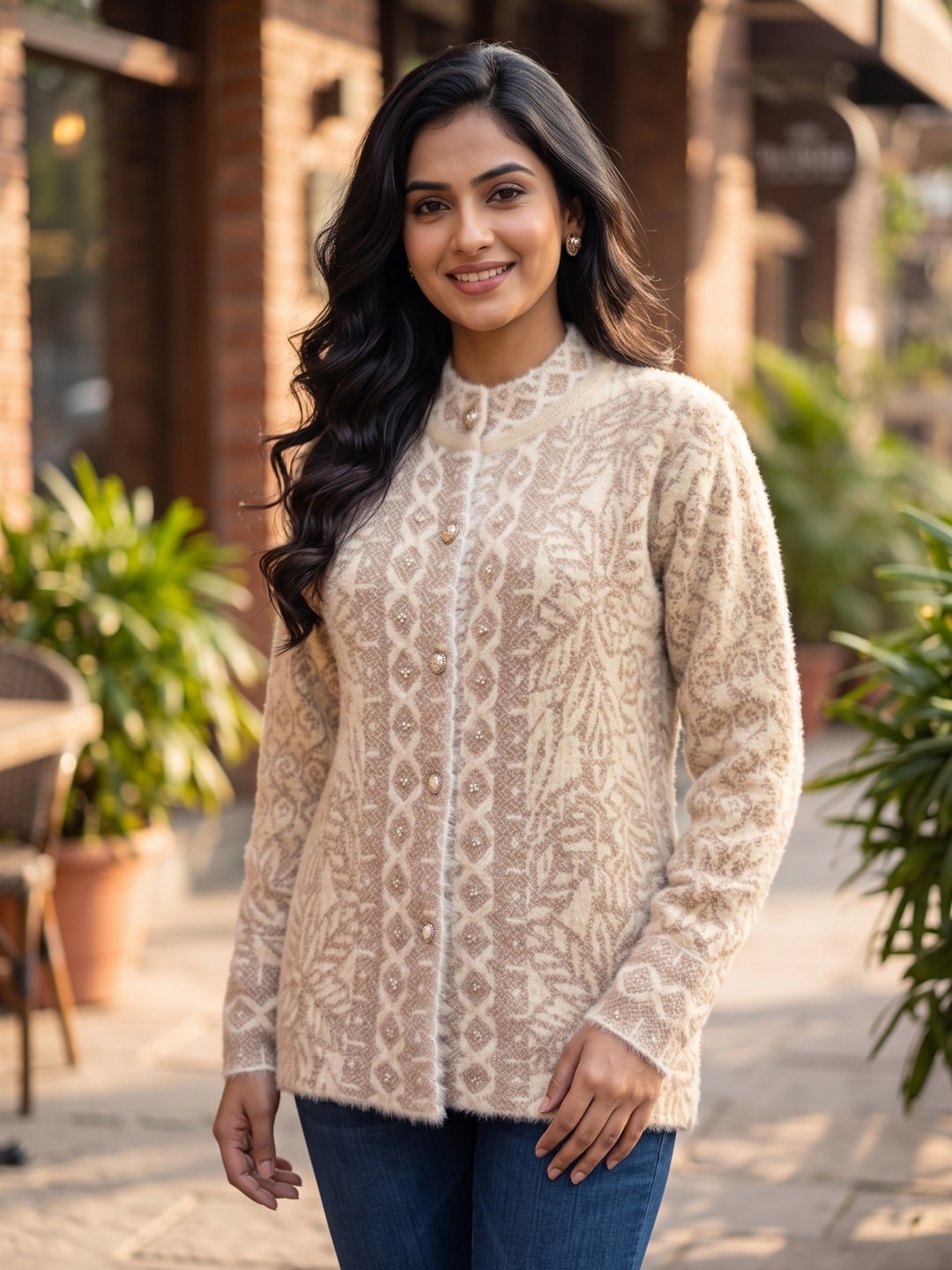 Peachmode Beige Braided Jacquard Pearl Woolen Cardigan - Image 4