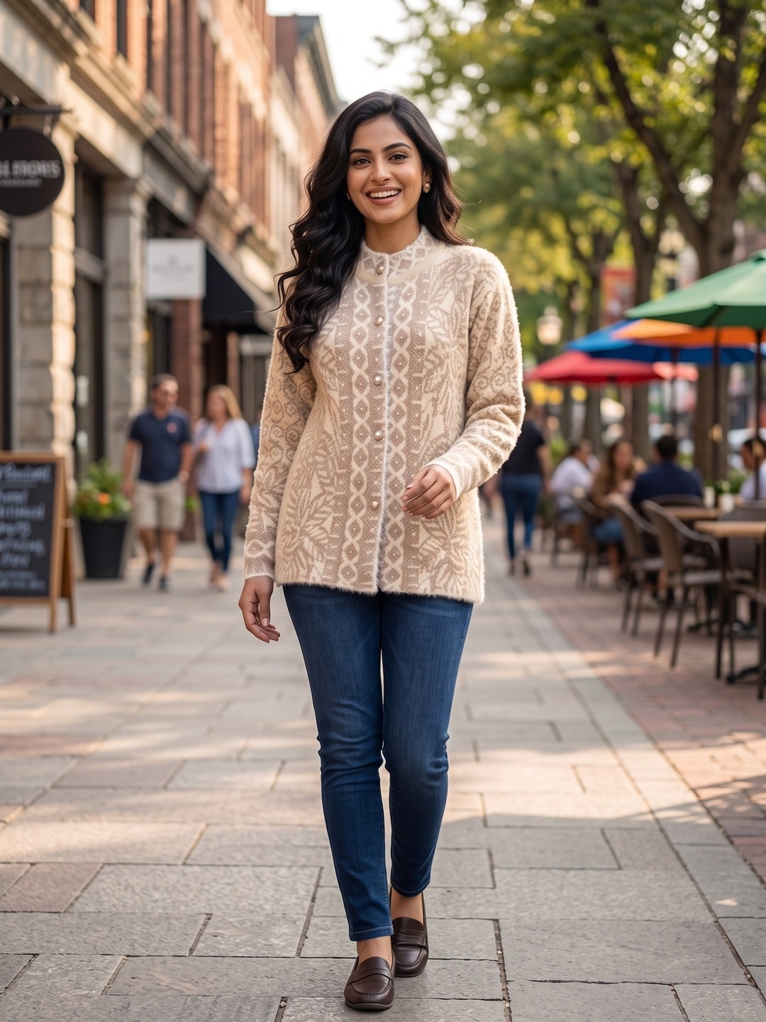 Peachmode Beige Braided Jacquard Pearl Woolen Cardigan - Image 5