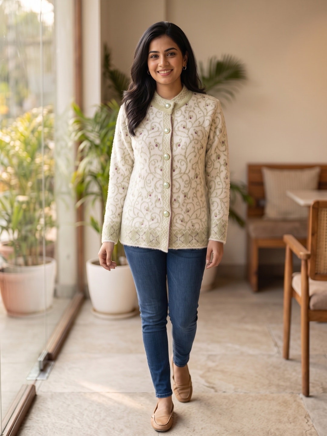 Peachmode White Floral Vine Jacquard Woolen Cardigan - Image 1