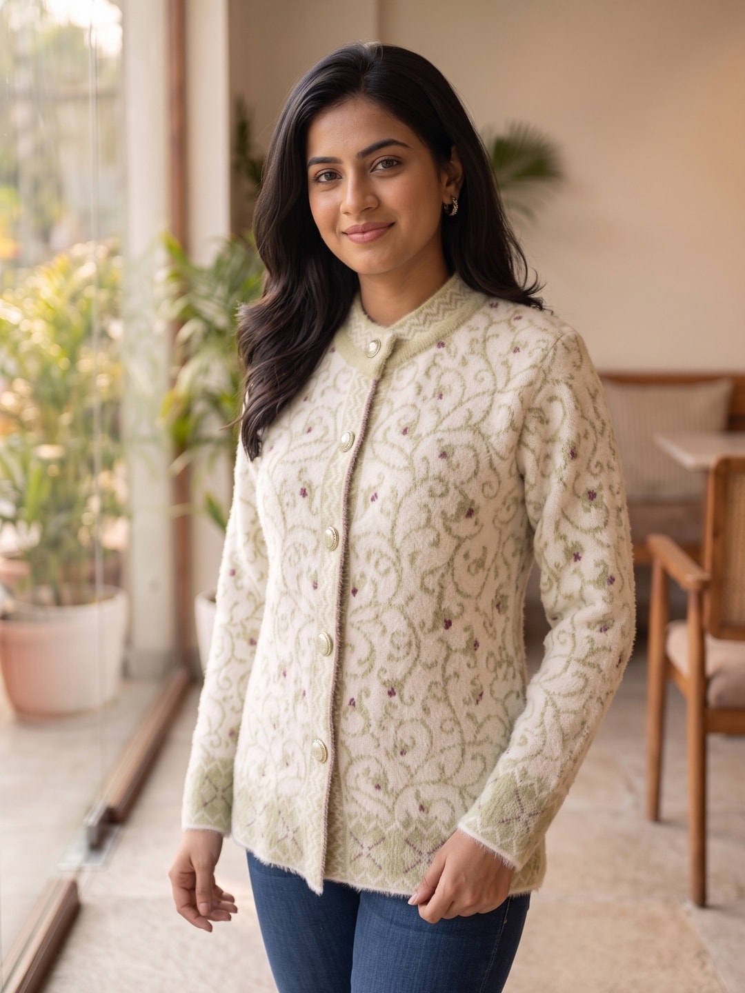Peachmode White Floral Vine Jacquard Woolen Cardigan - Image 4