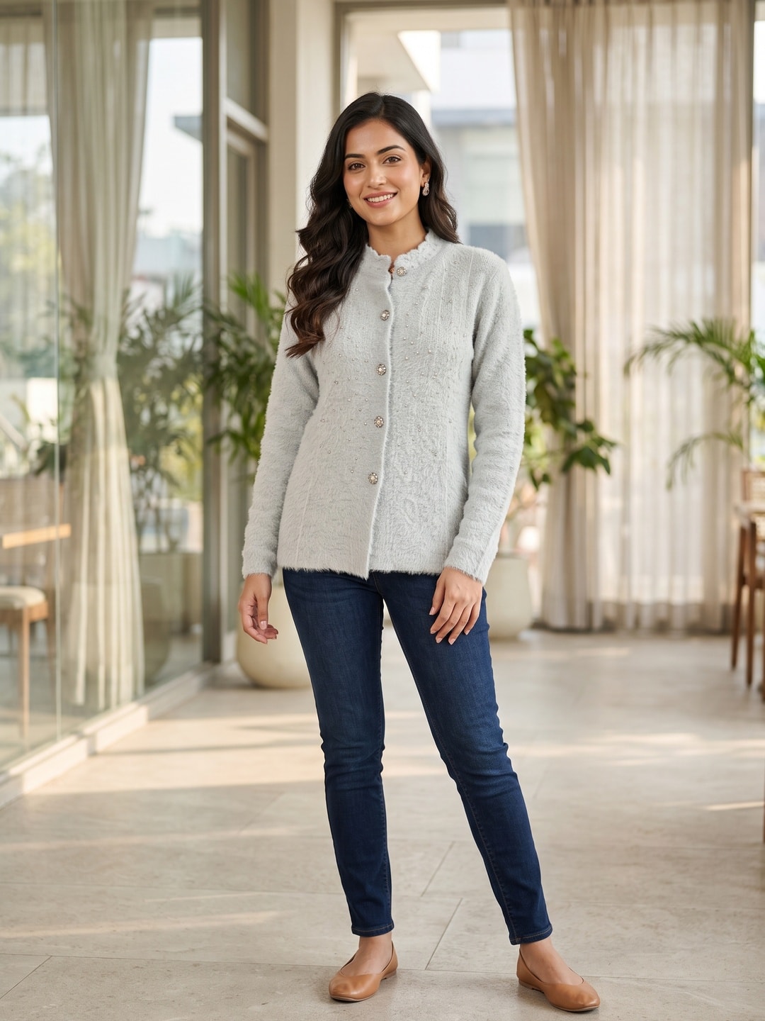 Peachmode Grey Pearl Beaded Fuzzy Woolen Cardigan - Image 1