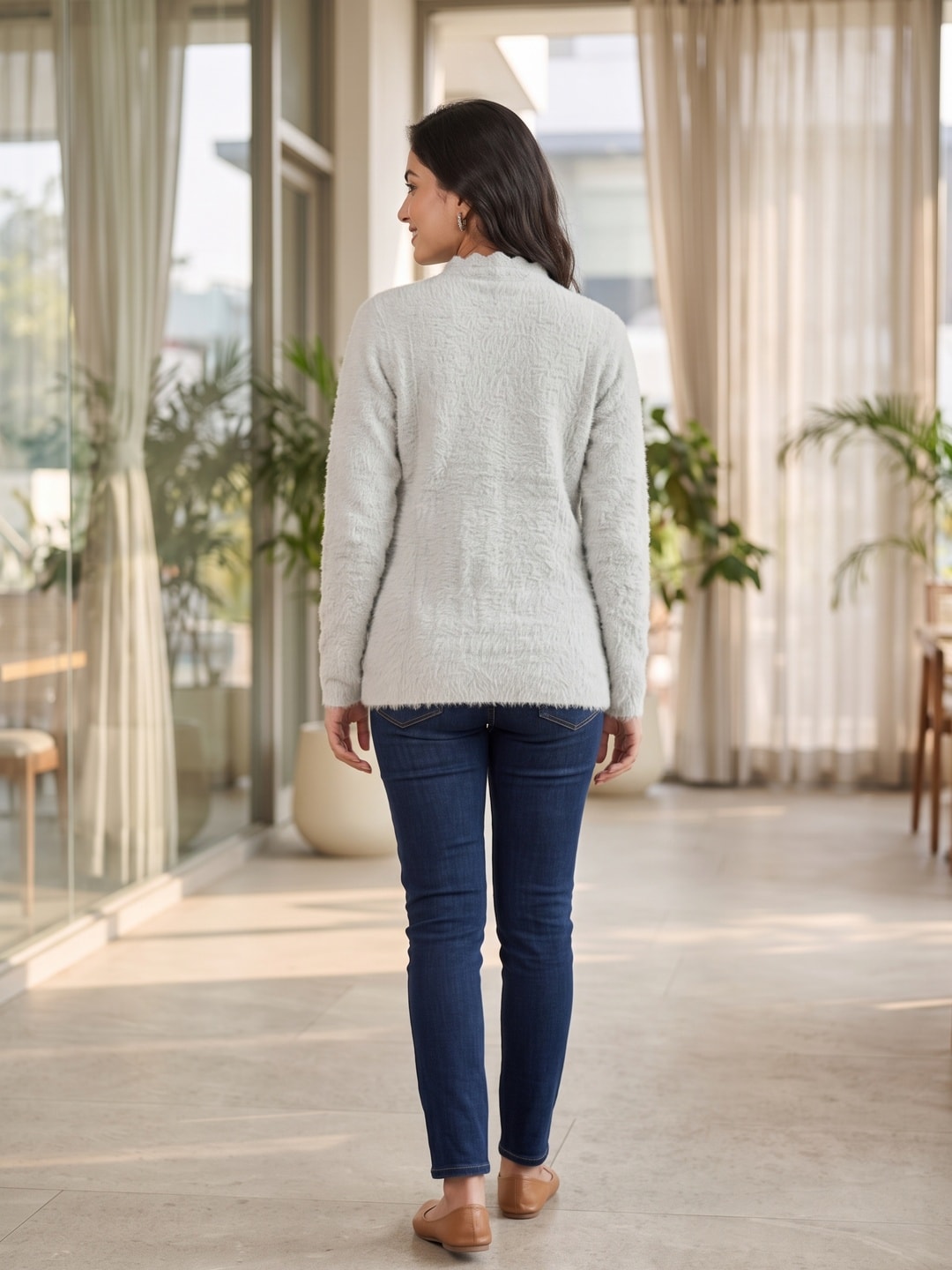 Peachmode Grey Pearl Beaded Fuzzy Woolen Cardigan - Image 2