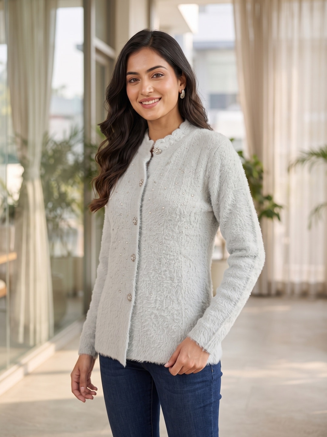 Peachmode Grey Pearl Beaded Fuzzy Woolen Cardigan - Image 4