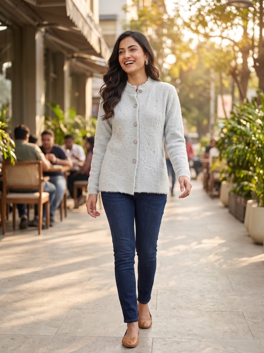 Peachmode Grey Pearl Beaded Fuzzy Woolen Cardigan - Image 5