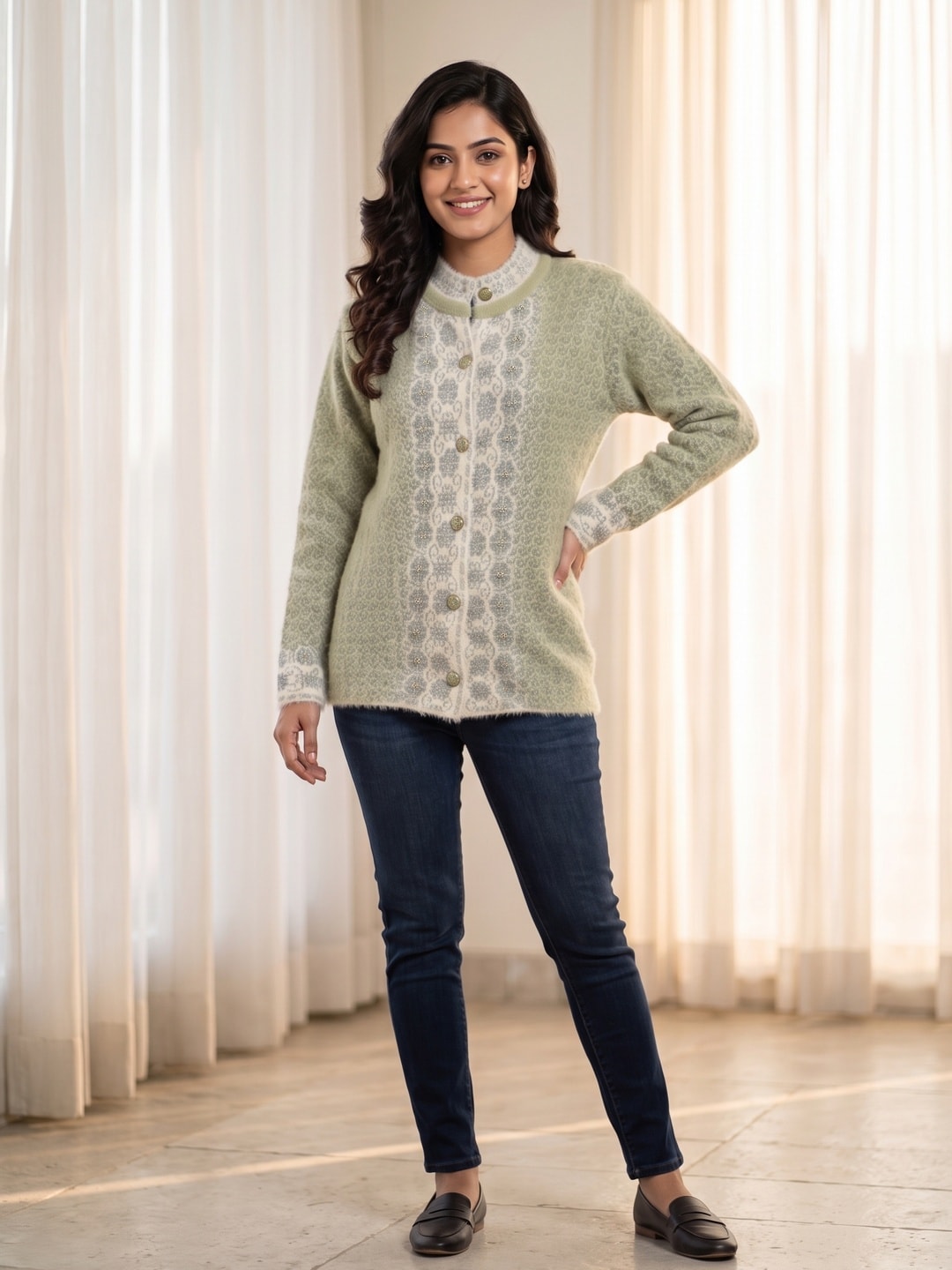 Peachmode Green Floral Jacquard Beaded Woolen Cardigan - Image 1