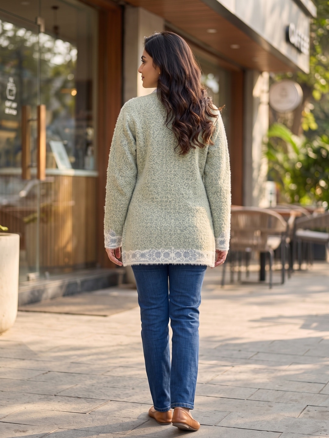 Peachmode Green Floral Jacquard Beaded Woolen Cardigan - Image 2