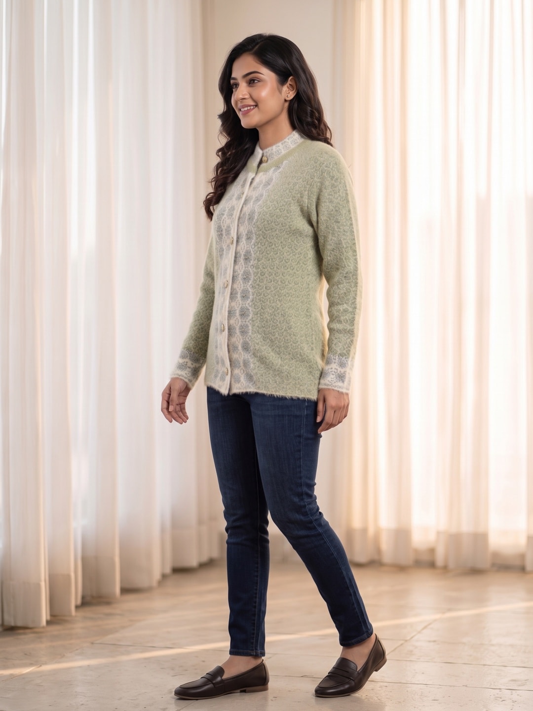 Peachmode Green Floral Jacquard Beaded Woolen Cardigan - Image 3