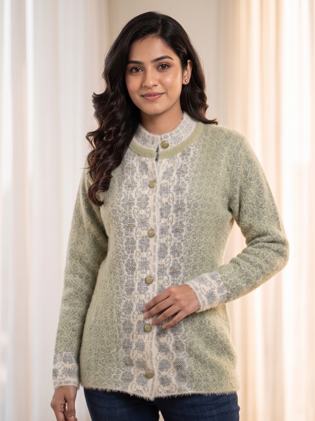 Peachmode Green Floral Jacquard Beaded Woolen Cardigan - Image 4