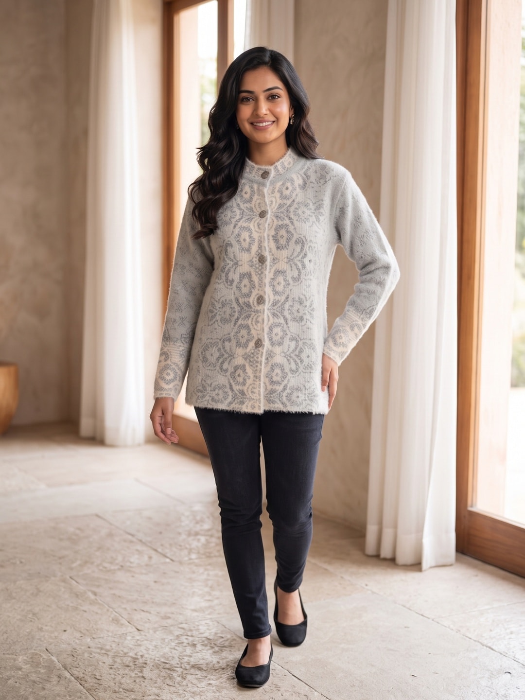 Peachmode Grey Floral Lace Jacquard Woolen Cardigan - Image 1