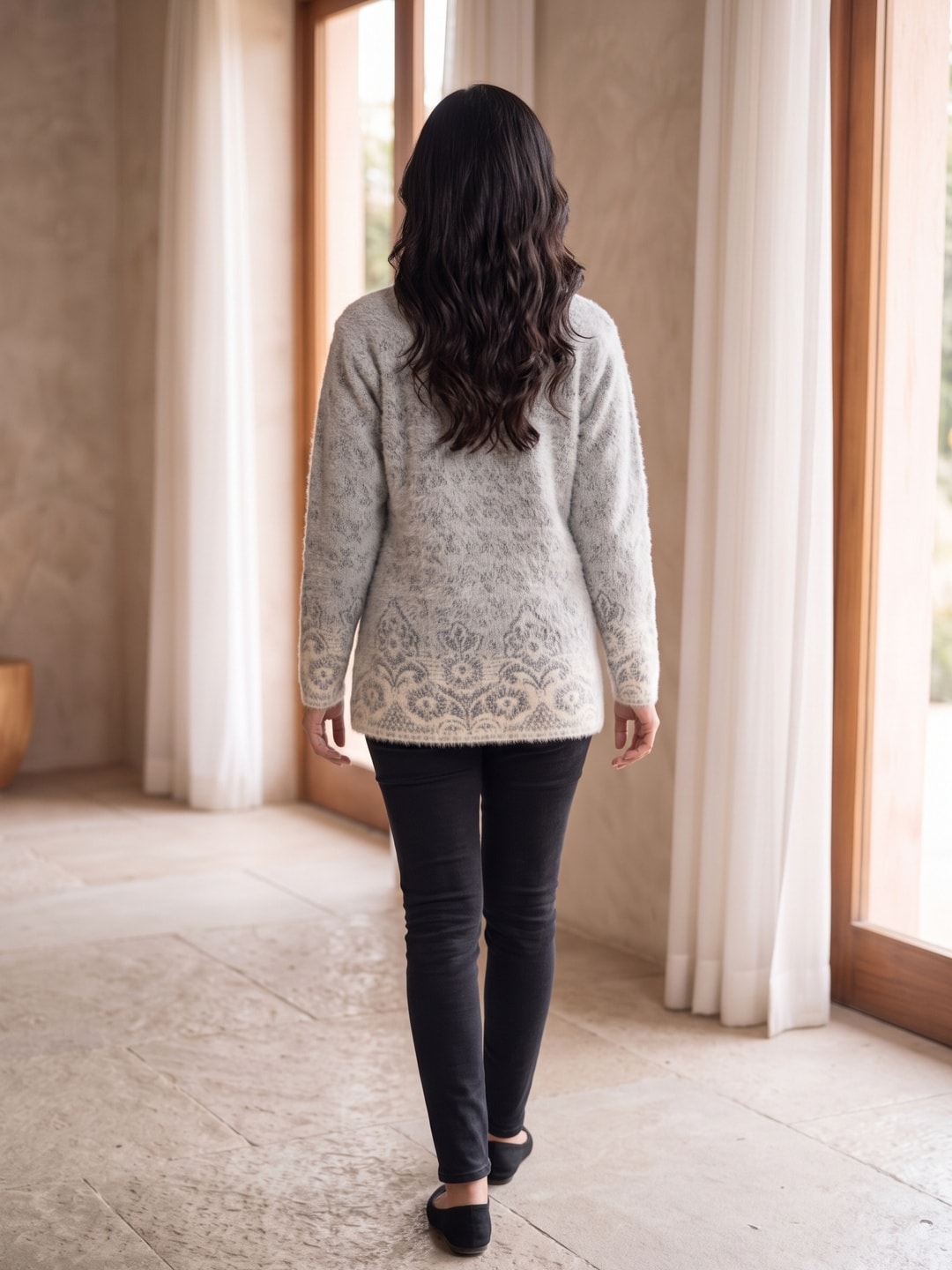 Peachmode Grey Floral Lace Jacquard Woolen Cardigan - Image 2