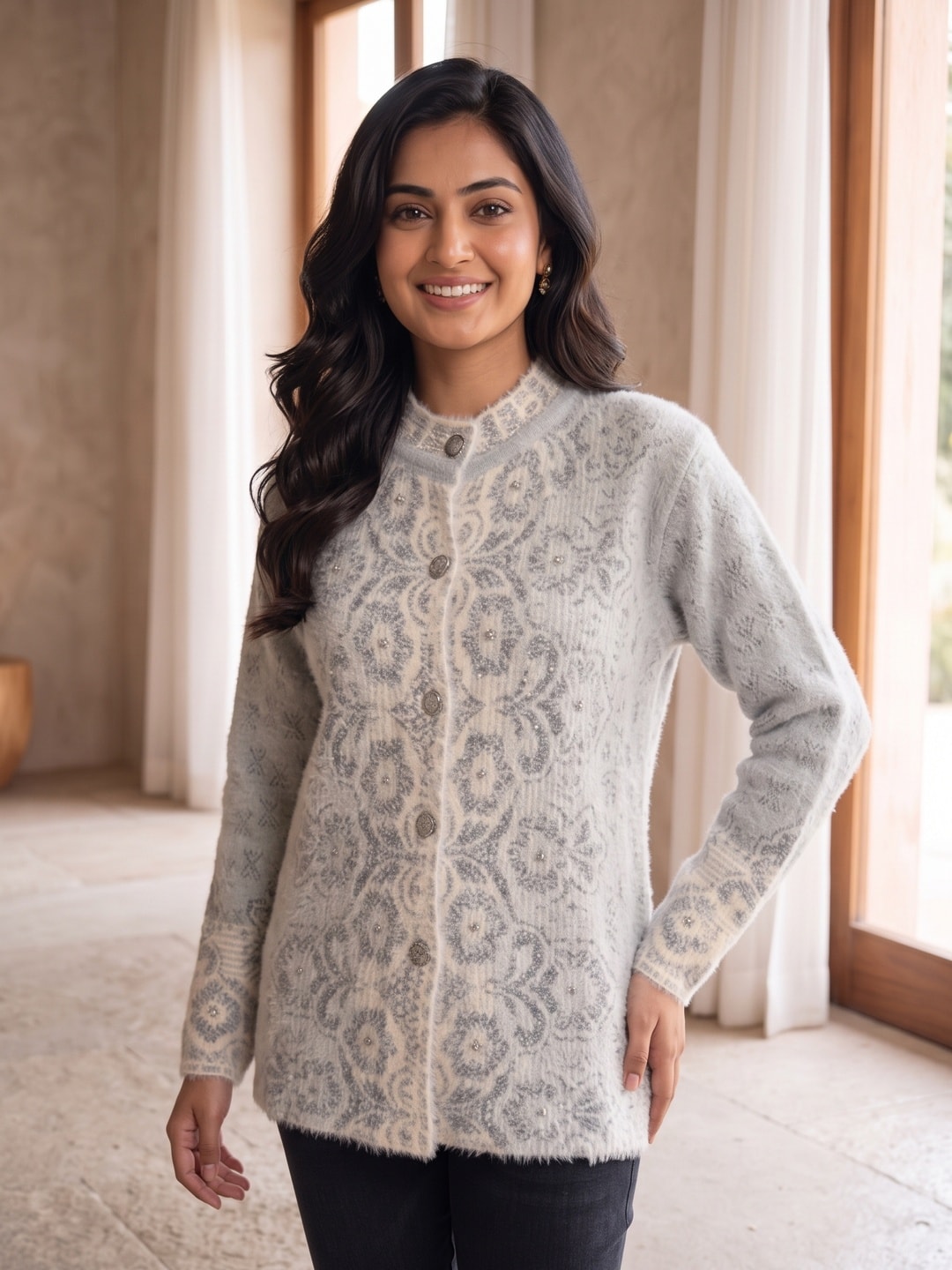 Peachmode Grey Floral Lace Jacquard Woolen Cardigan - Image 4
