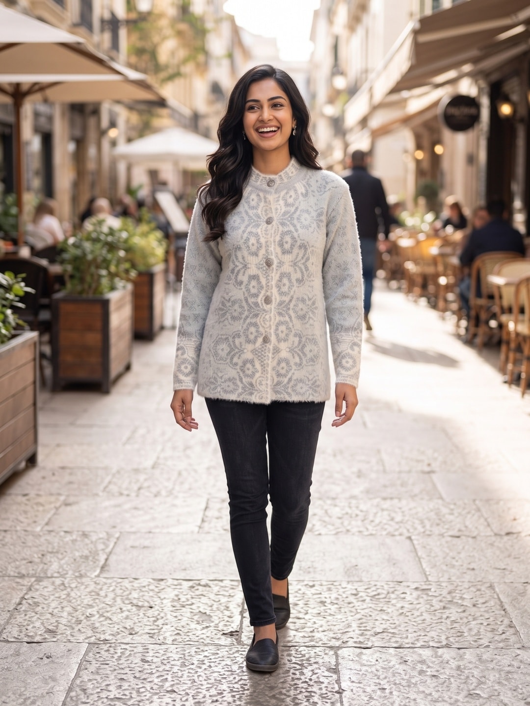 Peachmode Grey Floral Lace Jacquard Woolen Cardigan - Image 5