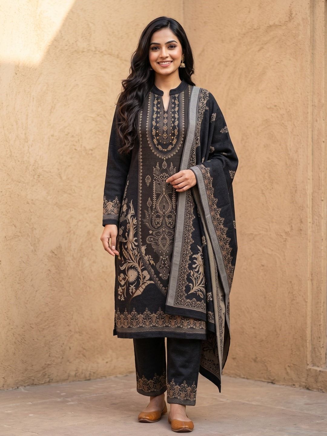 Peachmode Black Printed Woolen Salwar Suit With Stole - Image 1