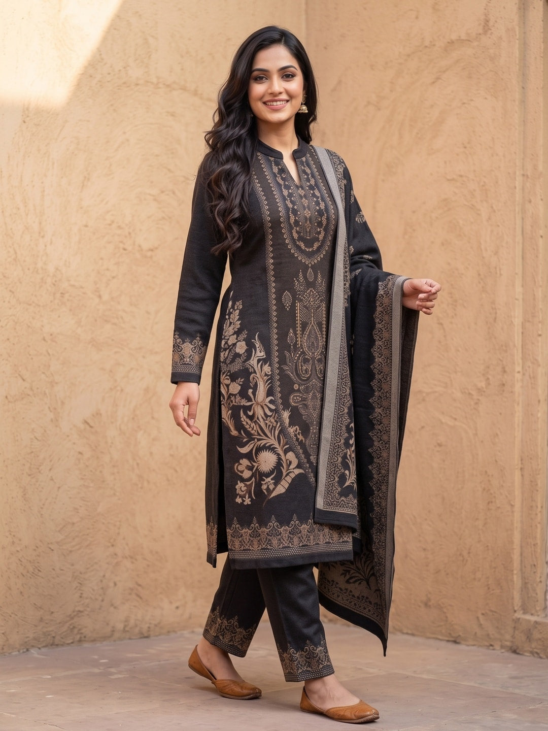 Peachmode Black Printed Woolen Salwar Suit With Stole - Image 2