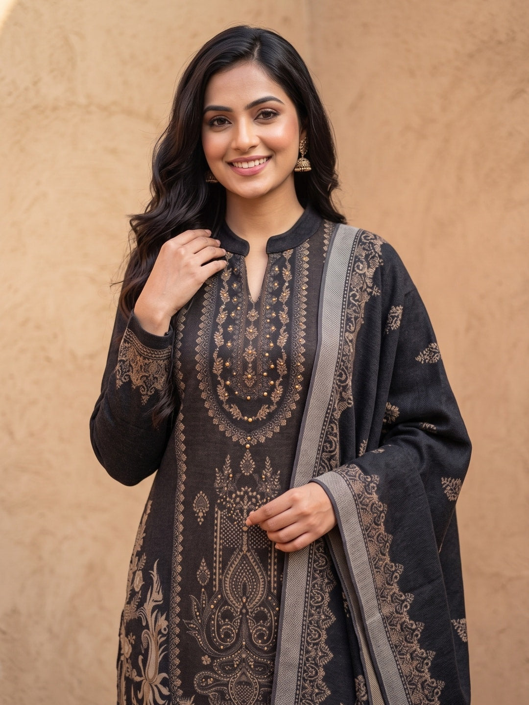 Peachmode Black Printed Woolen Salwar Suit With Stole - Image 5