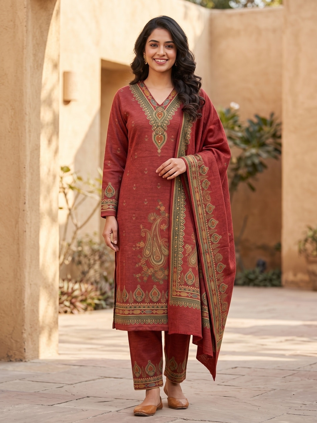 Peachmode Brick Red Printed Woolen Salwar Suit With Stole - Image 1