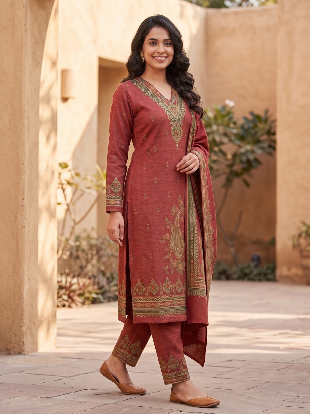 Peachmode Brick Red Printed Woolen Salwar Suit With Stole - Image 2