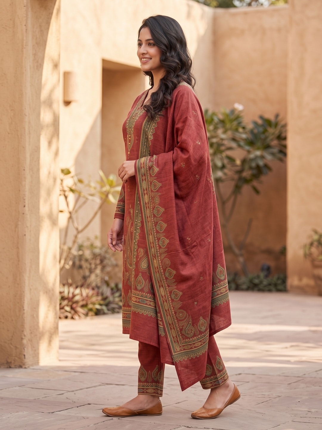 Peachmode Brick Red Printed Woolen Salwar Suit With Stole - Image 3