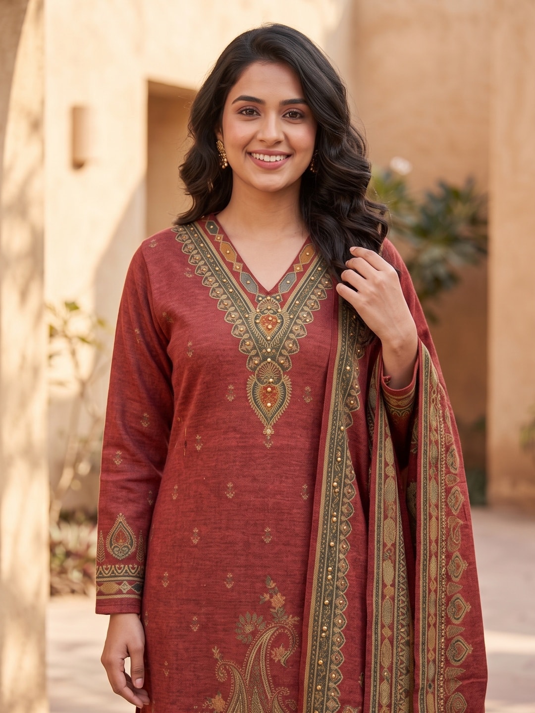 Peachmode Brick Red Printed Woolen Salwar Suit With Stole - Image 5