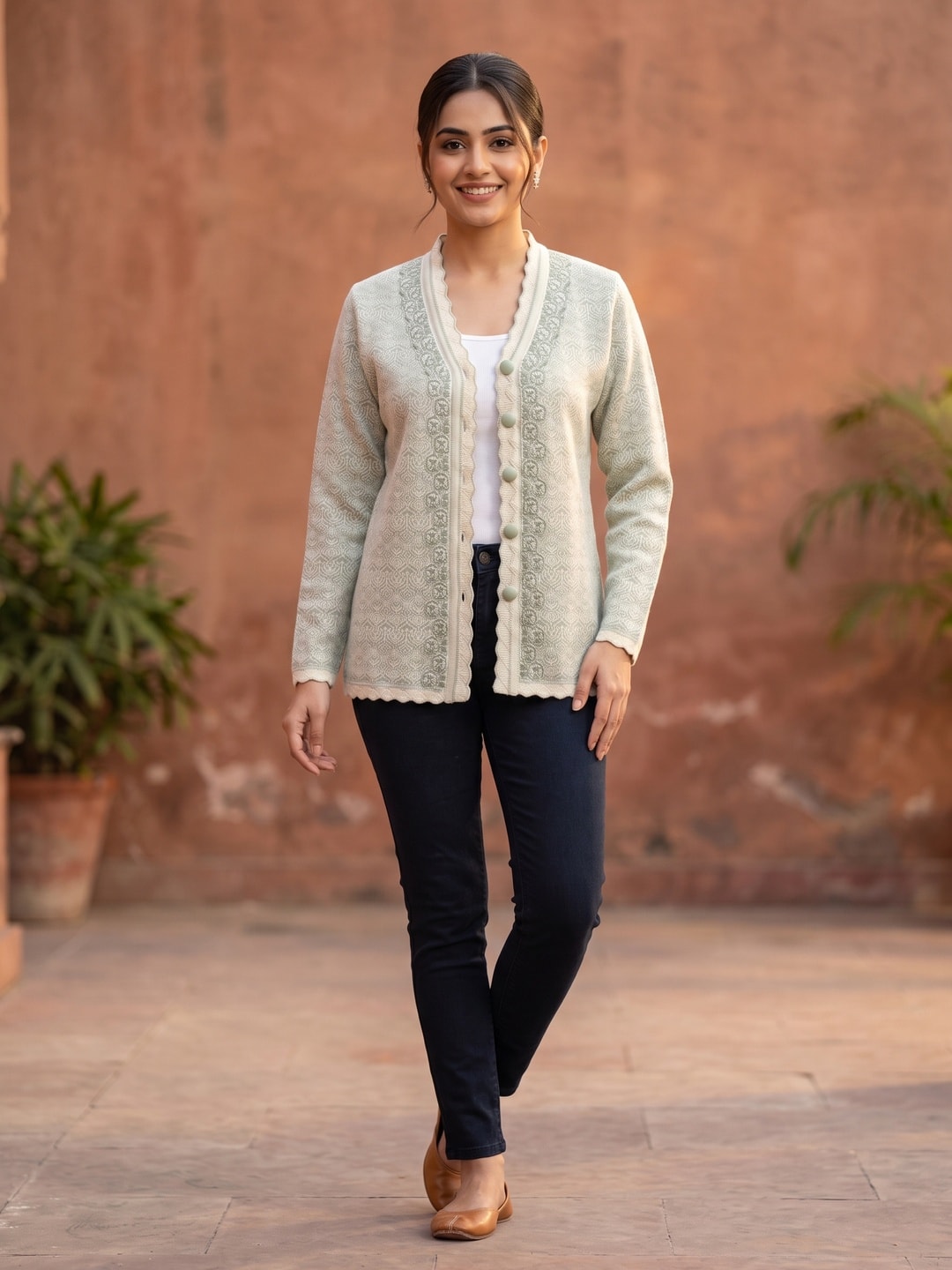 Grey Geometric Woolen Cardigan - Image 1