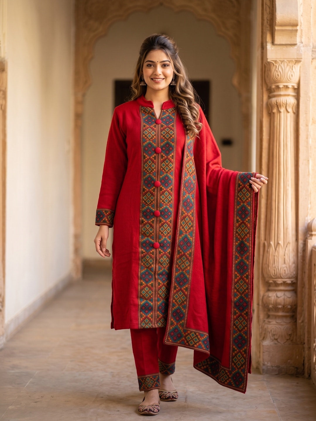 Peachmode Red Woolen Salwar Suit With Woven Border - Image 1
