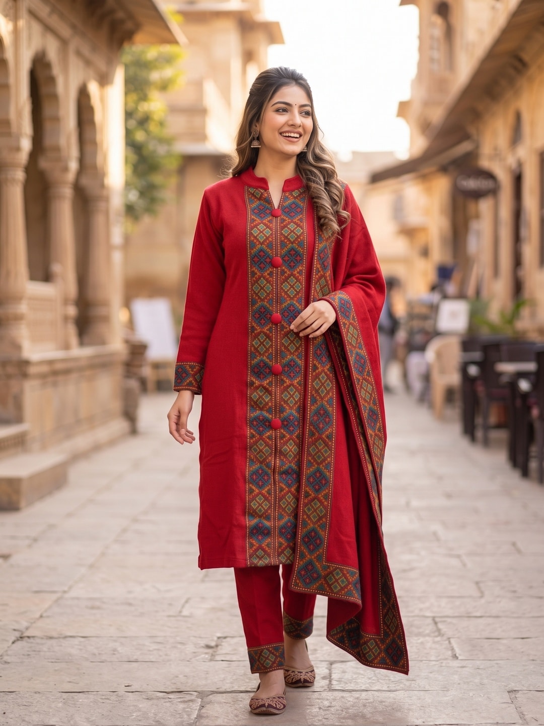 Peachmode Red Woolen Salwar Suit With Woven Border - Image 2
