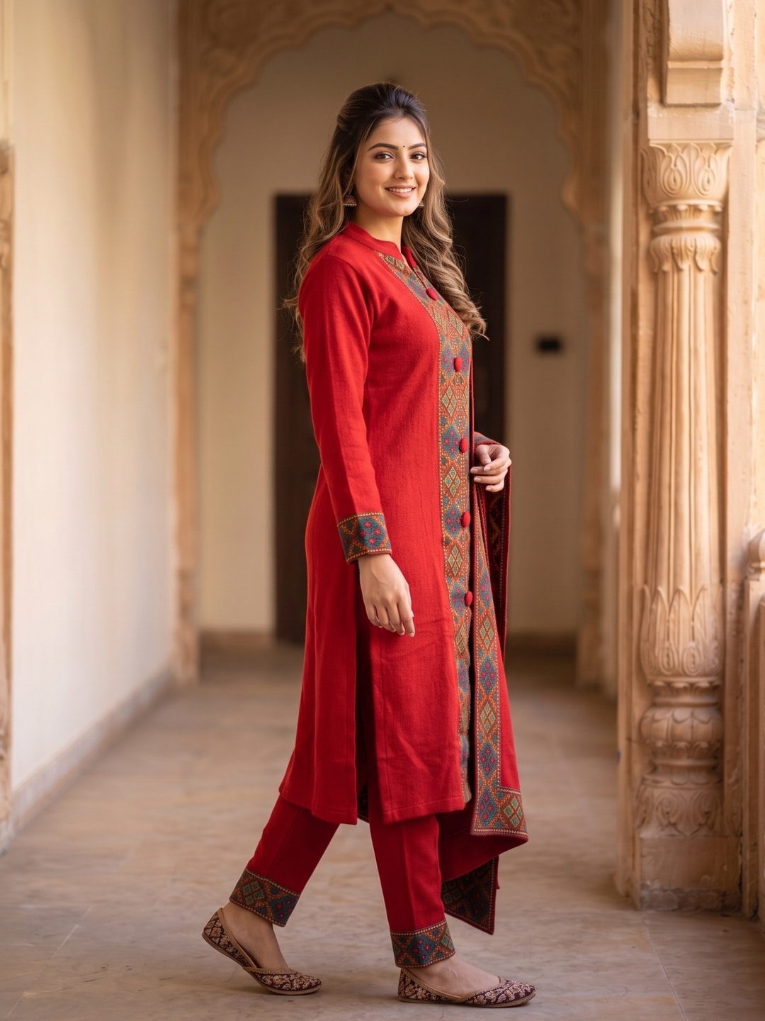 Peachmode Red Woolen Salwar Suit With Woven Border - Image 3