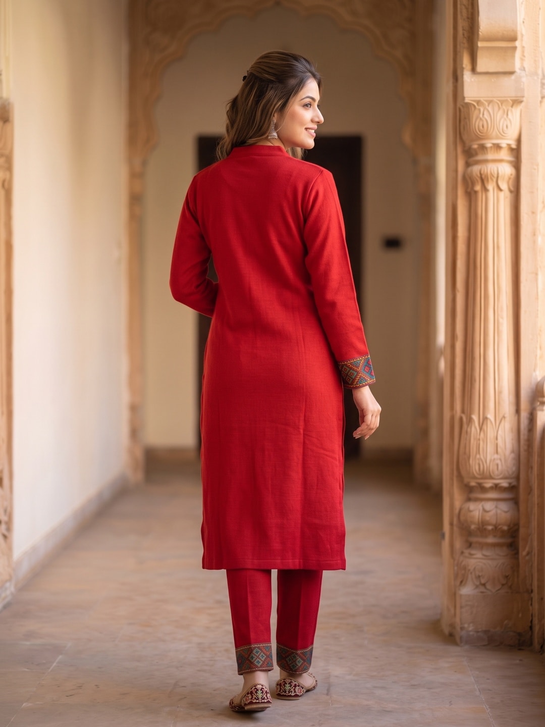 Peachmode Red Woolen Salwar Suit With Woven Border - Image 4