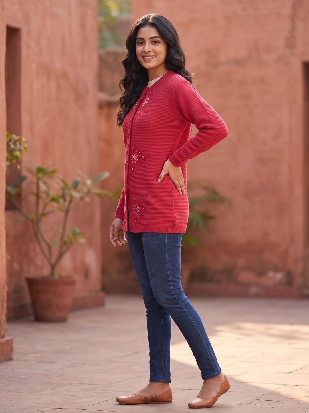 Peachmode Red Sequin Embroidered Woolen Cardigan - Image 3