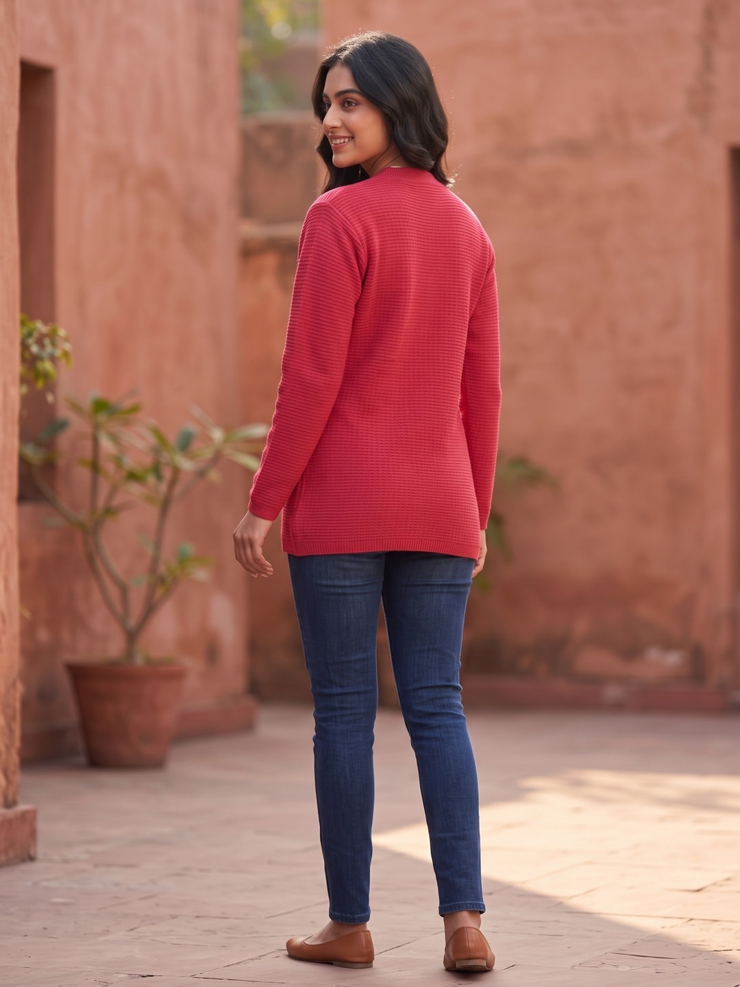 Peachmode Red Sequin Embroidered Woolen Cardigan - Image 4