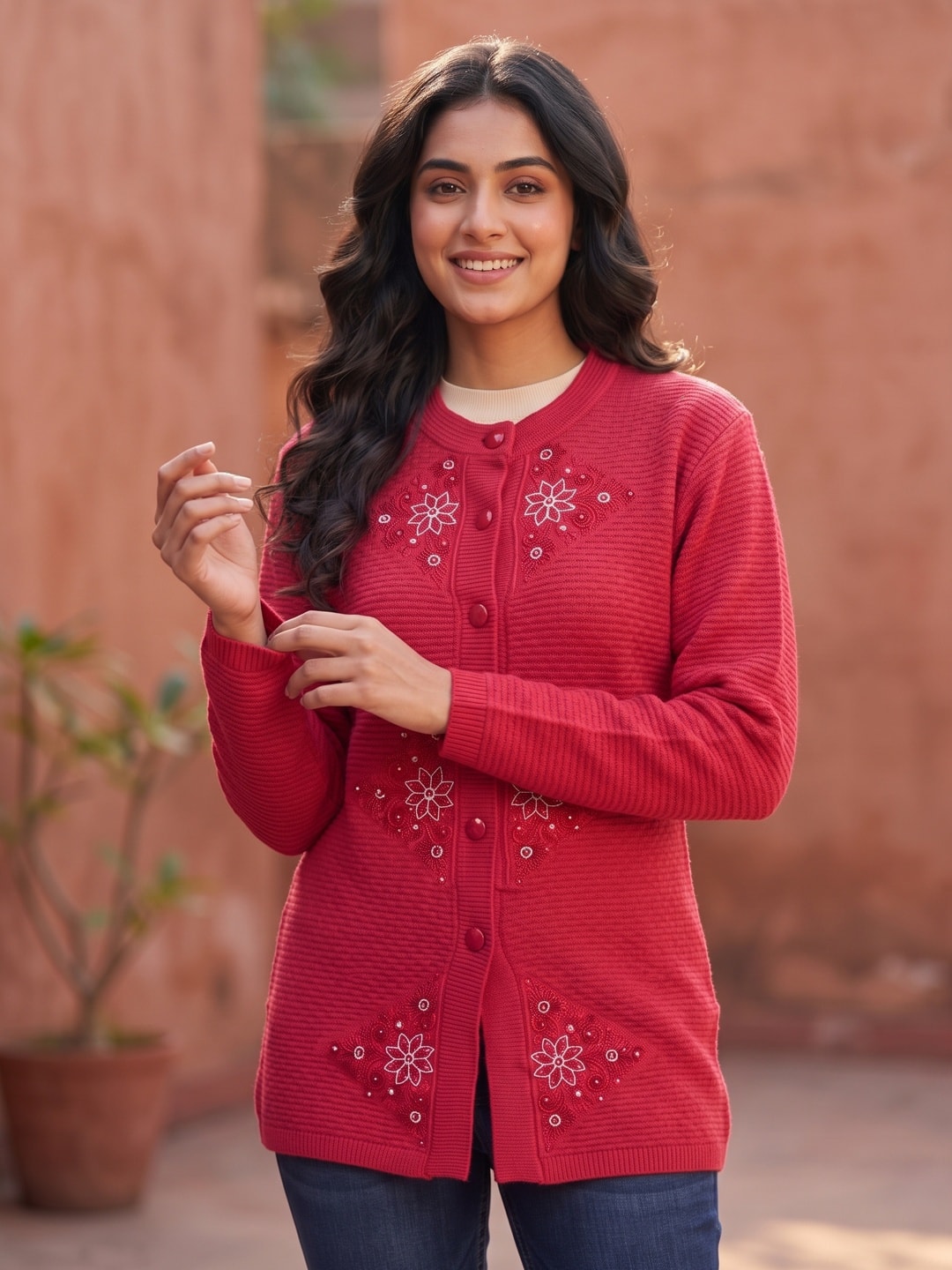 Peachmode Red Sequin Embroidered Woolen Cardigan - Image 5