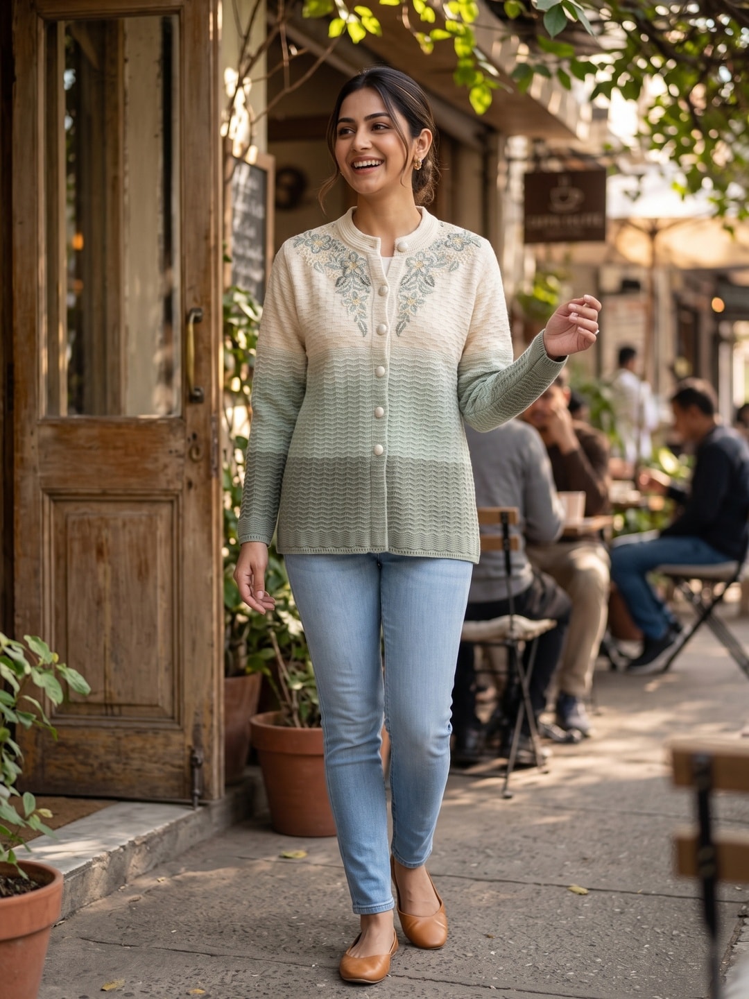 Cream Sage Color Block Woolen Cardigan - Image 2