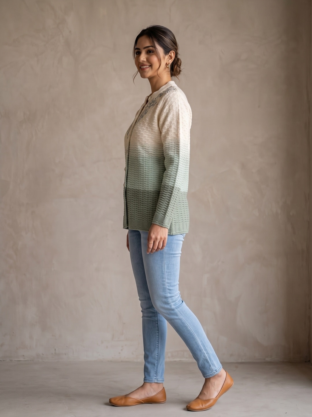 Cream Sage Color Block Woolen Cardigan - Image 3