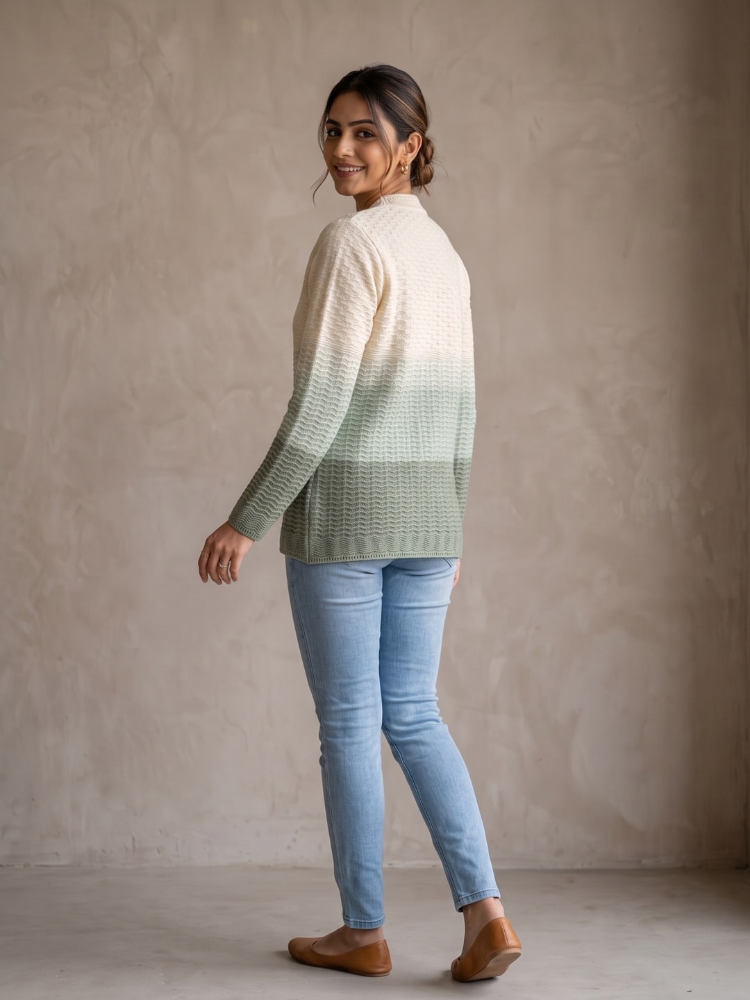 Cream Sage Color Block Woolen Cardigan - Image 4