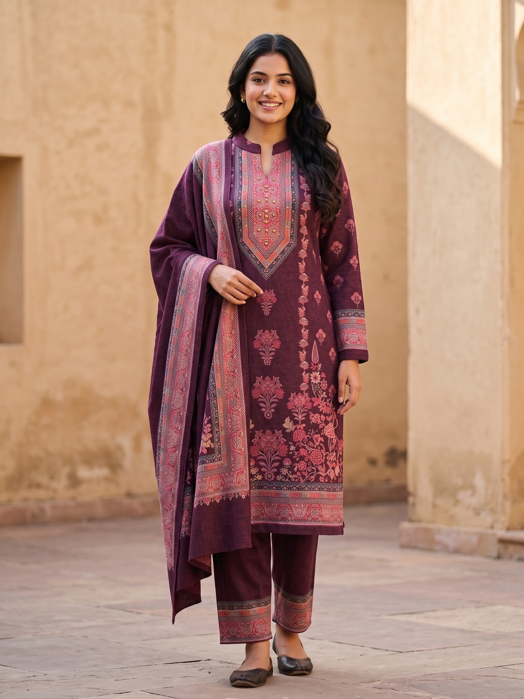 Peachmode Wine Printed Woolen Salwar Suit With Stole - Image 1