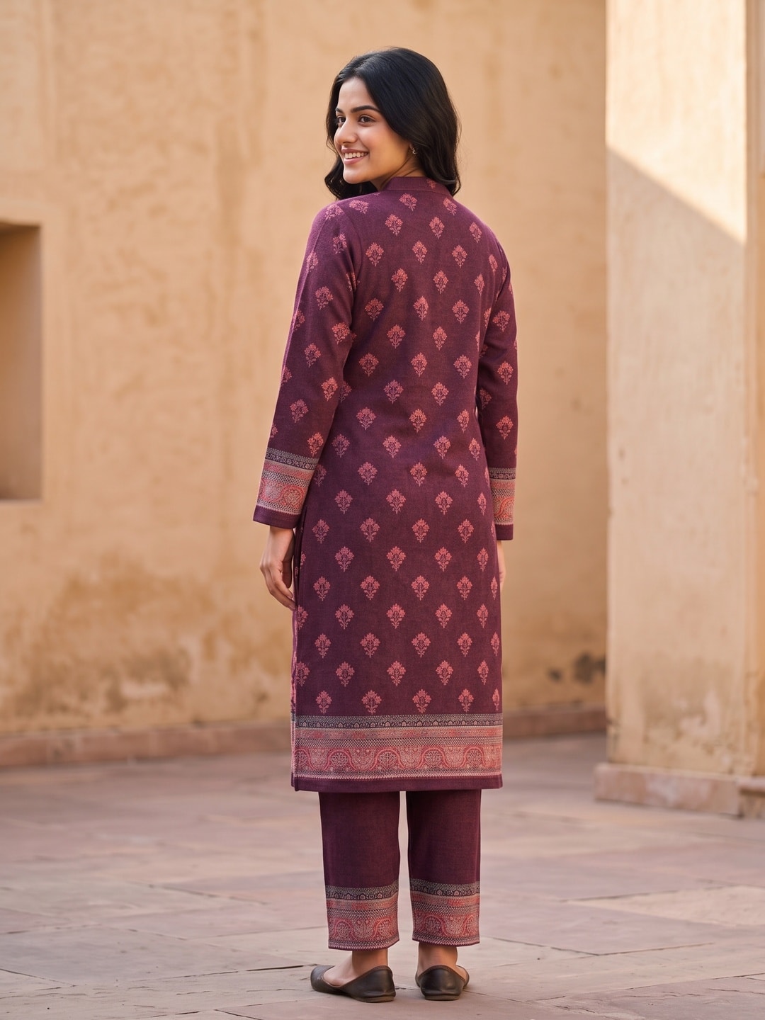 Peachmode Wine Printed Woolen Salwar Suit With Stole - Image 3