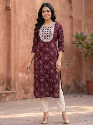 Wine Bandhani Rayon Straight Kurti with Traditional Print - Image 1