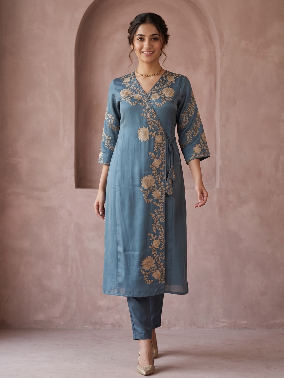 Turquoise Festive Viscose Blend Angrakha Set with Rich Thread Embroidery on Top and Bottom Pants - Image 1