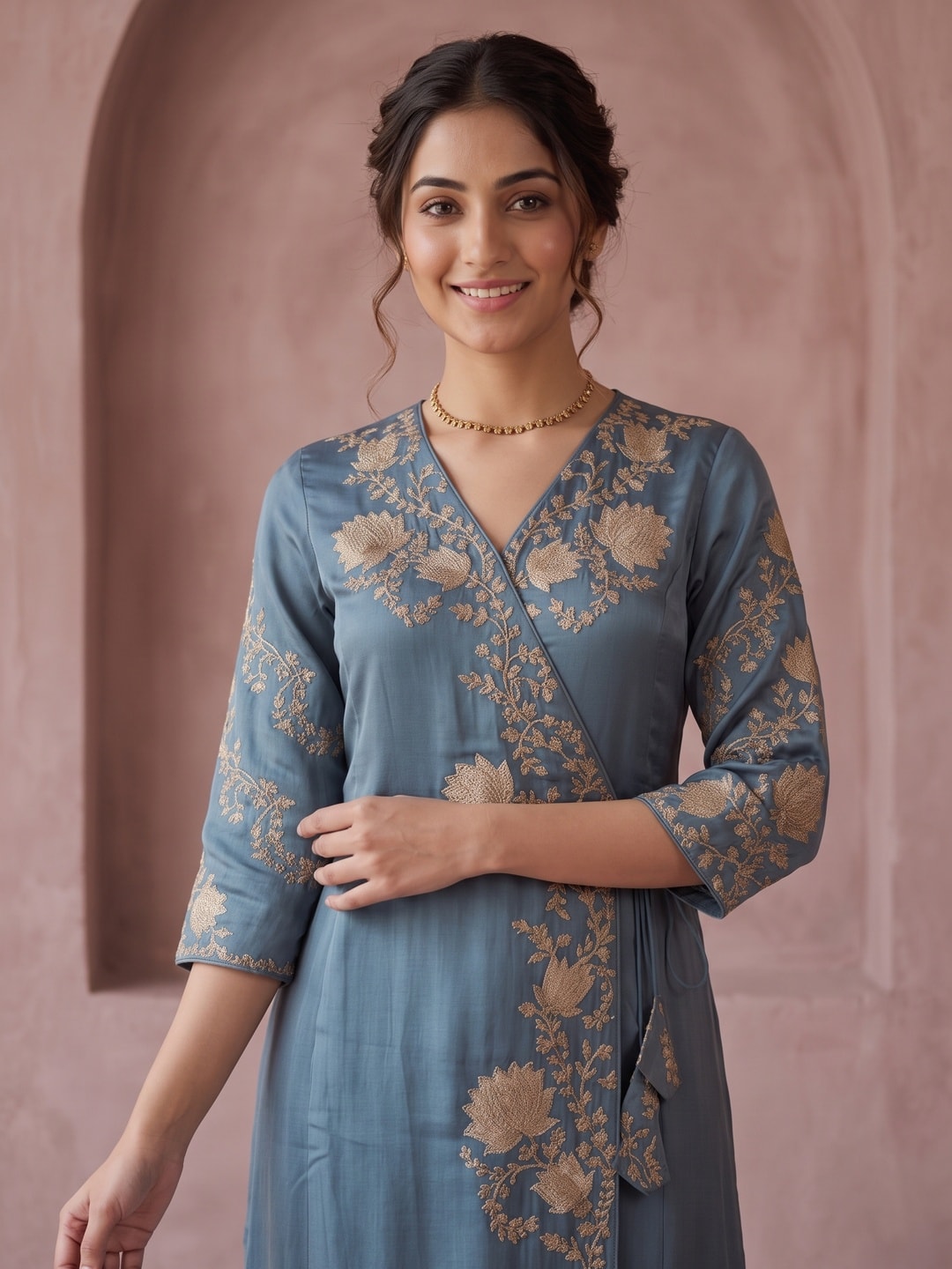 Turquoise Festive Viscose Blend Angrakha Set with Rich Thread Embroidery on Top and Bottom Pants - Image 5