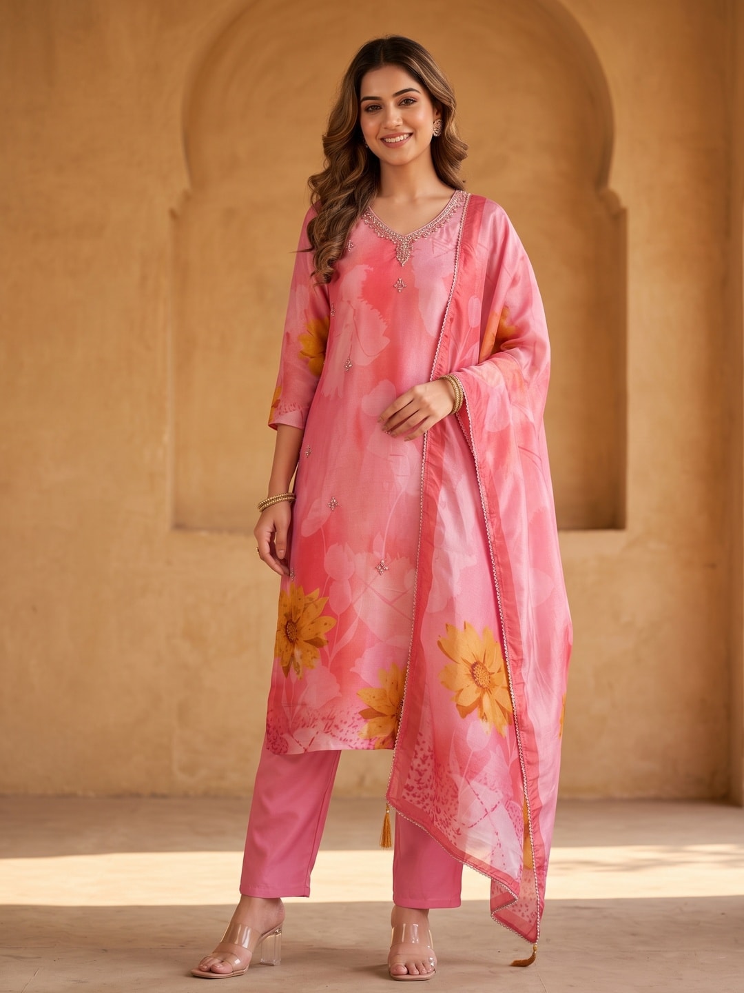 Bright Peach Organza Straight Suit Enhanced with Detailed Embroidery in Stones and Beads - Image 1