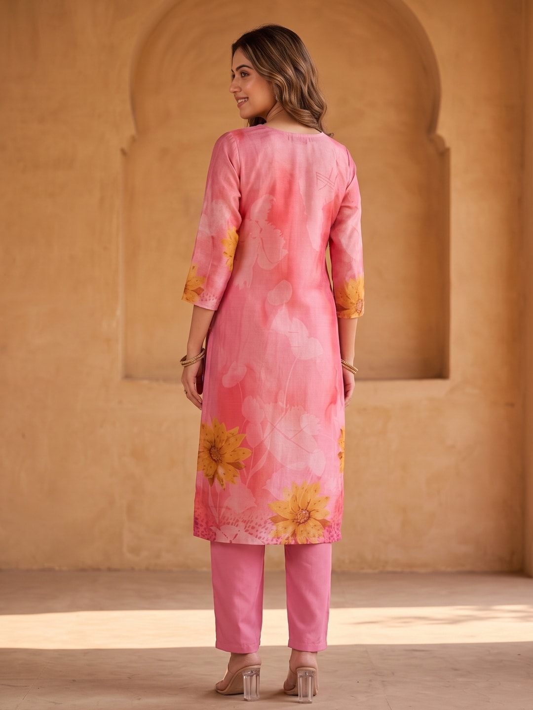 Bright Peach Organza Straight Suit Enhanced with Detailed Embroidery in Stones and Beads - Image 3
