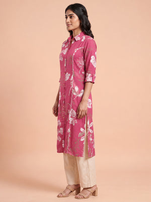 Peachmode Pink Floral Print Viscose Blend Shirt Kurti - Image 2