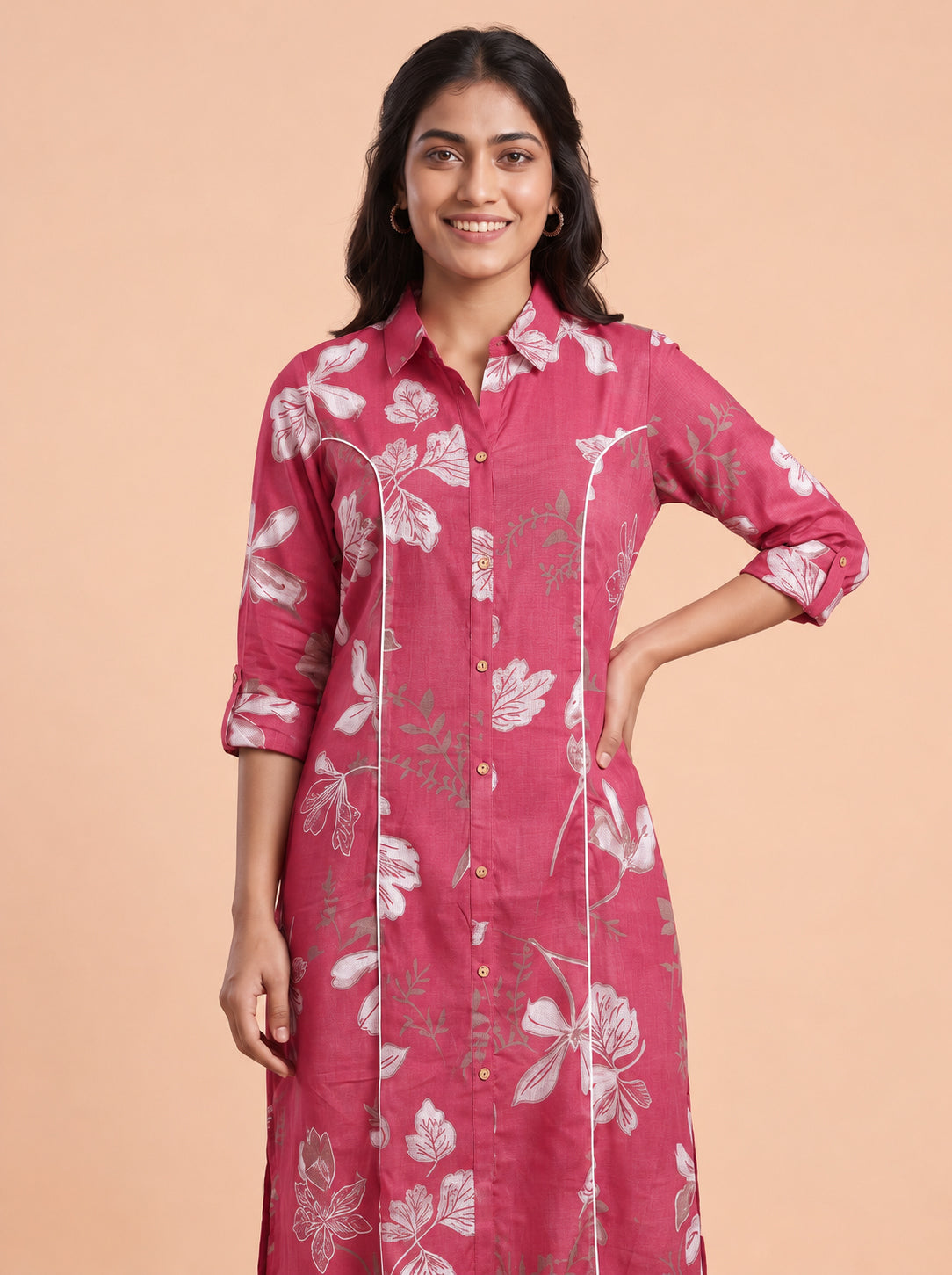 Peachmode Pink Floral Print Viscose Blend Shirt Kurti - Image 4