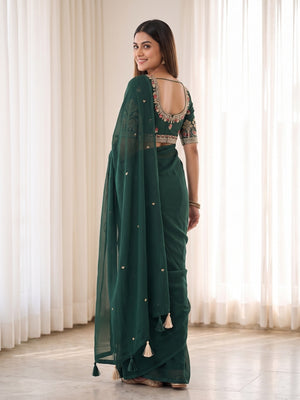 Peachmode Bottle Green Weightless Georgette Saree With Tassels And Heavy Embroidery Blouse - Image 2