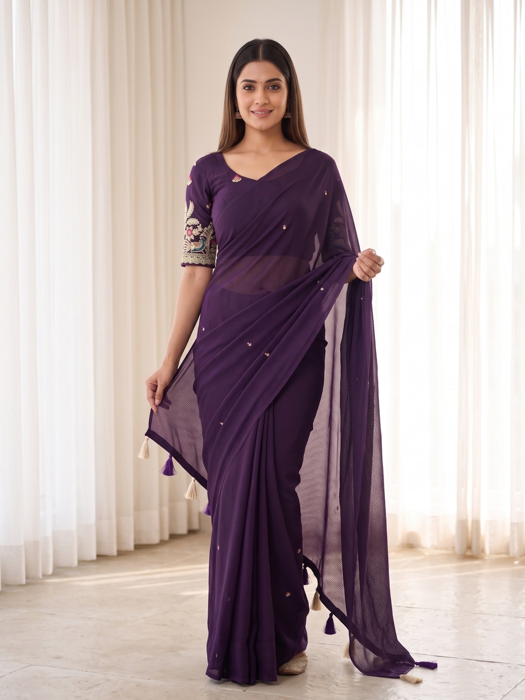 Peachmode Purple Weightless Georgette Saree With Tassels And Heavy Embroidery Blouse - Image 1
