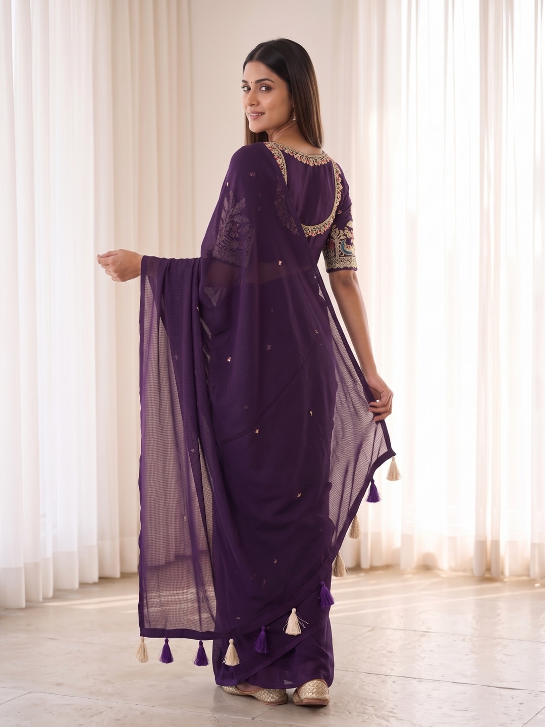 Peachmode Purple Weightless Georgette Saree With Tassels And Heavy Embroidery Blouse - Image 2