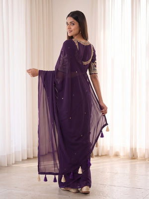 Peachmode Purple Weightless Georgette Saree With Tassels And Heavy Embroidery Blouse - Image 2