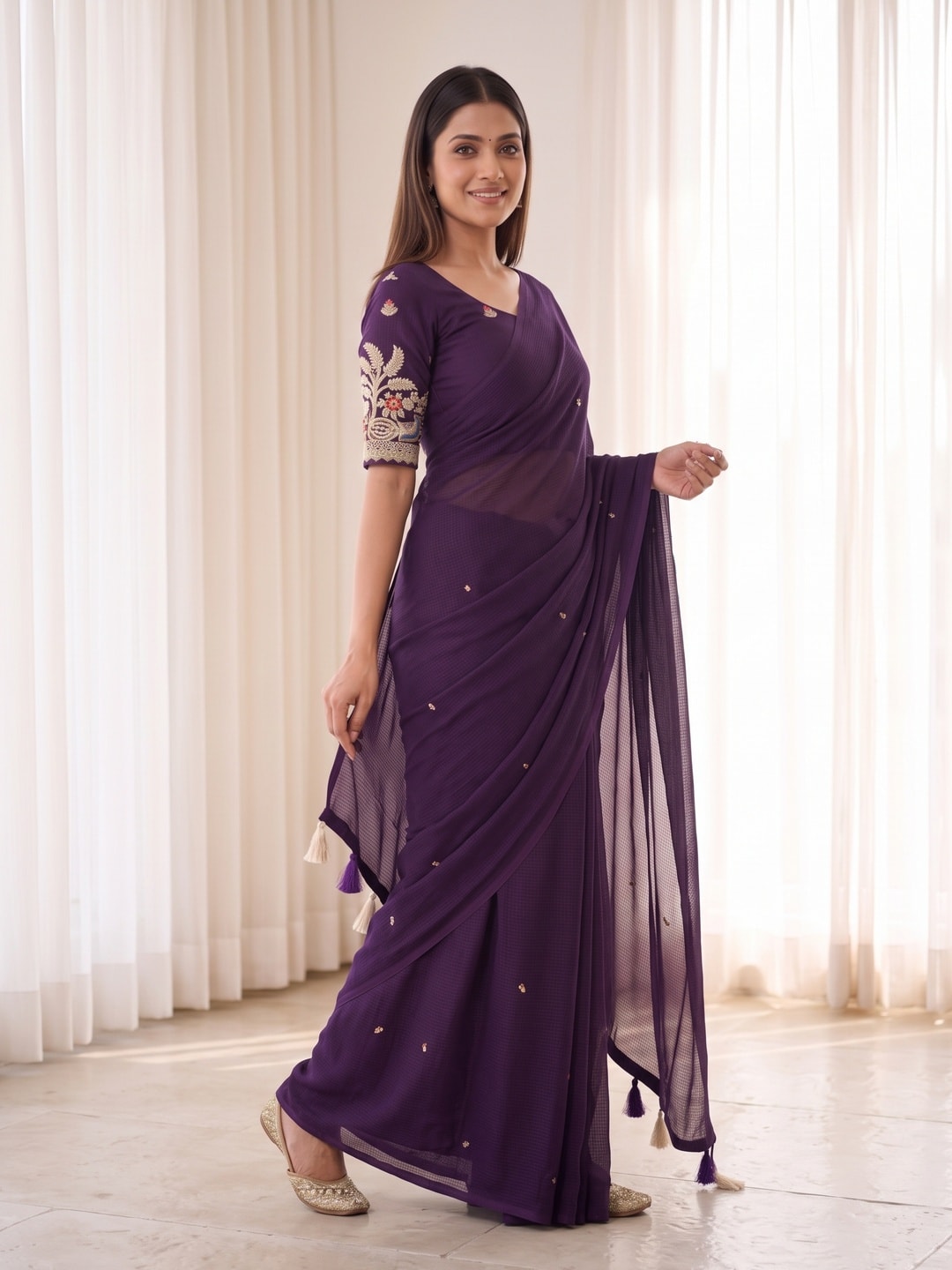 Peachmode Purple Weightless Georgette Saree With Tassels And Heavy Embroidery Blouse - Image 3